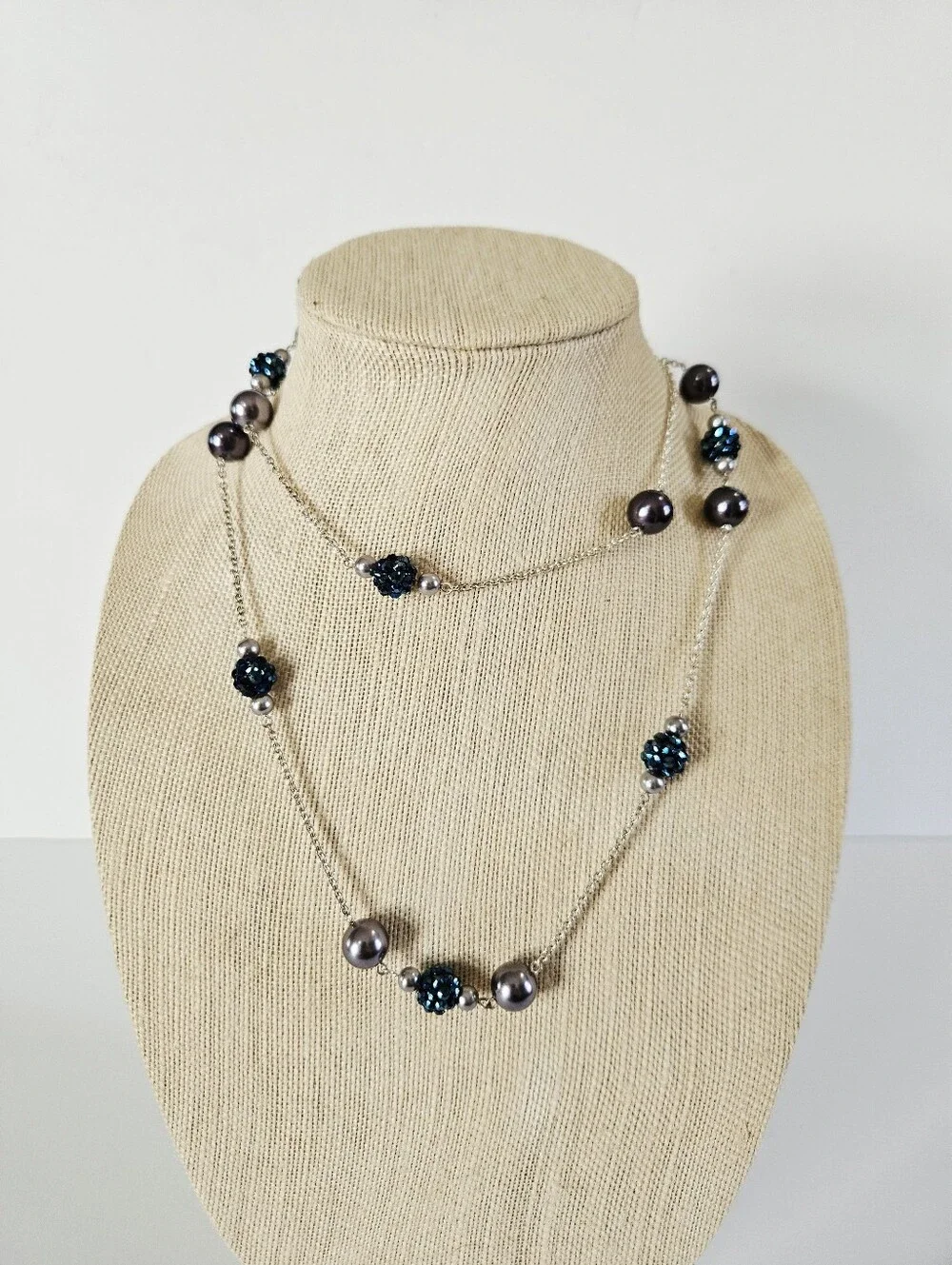 Vintage RMN Roman Blue Faux Pearl Beaded Silver Tone Opera Length Chain Necklace